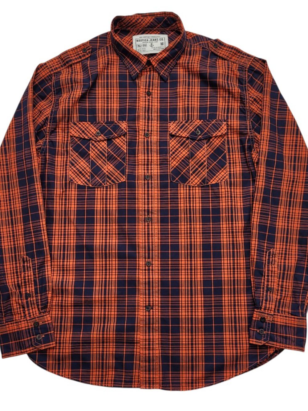 Nautica Jeans Co. Mens Plaid Flannel Button Down Shirt Medium Orange Navy NEW - Picture 3 of 10